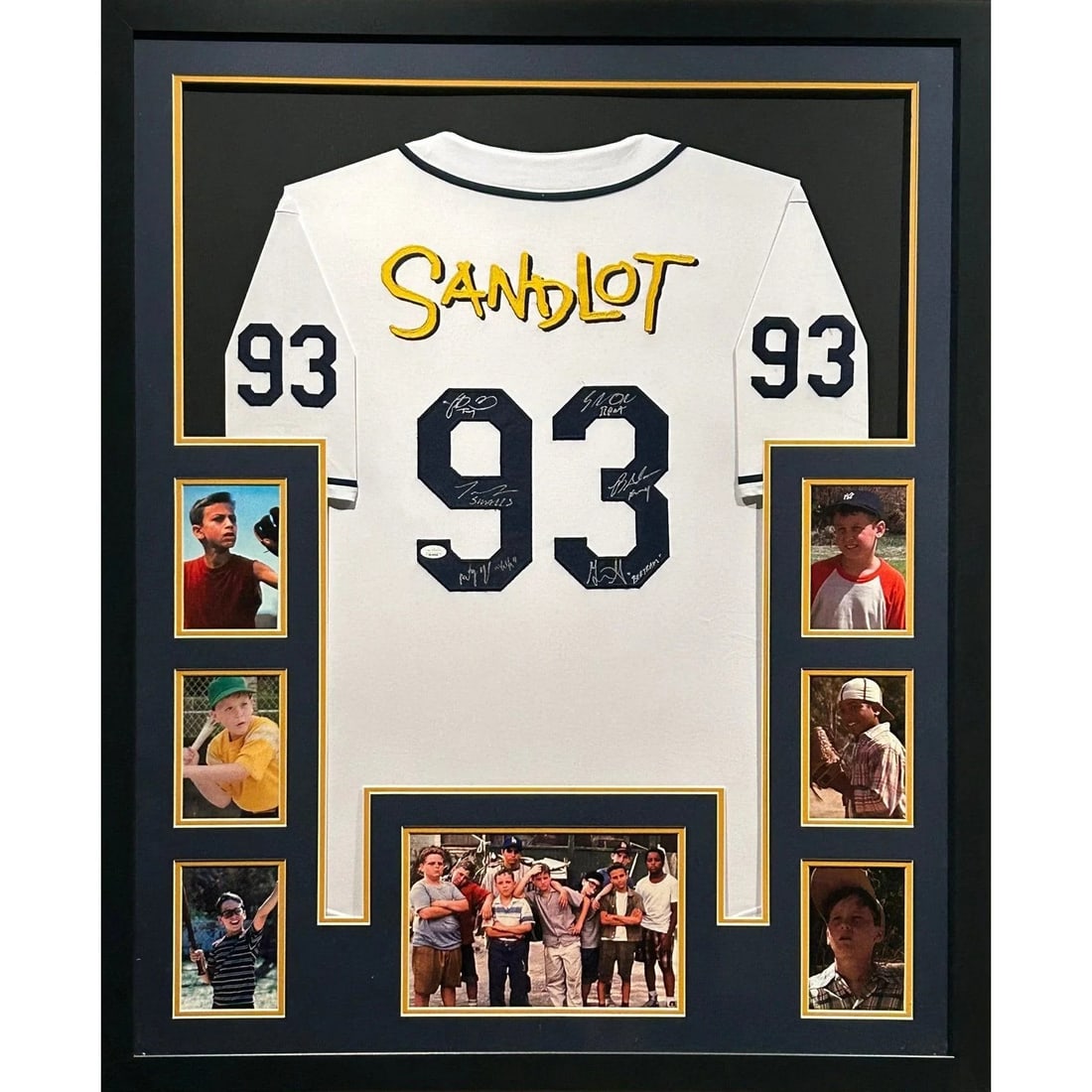 Framed Sandlot Jersey Signed by Six Cast Members with JSA Authentication: Framed Sandlot Jersey Signed by Six Cast Members with JSA Authentication This framed Sandlot jersey is autographed by six cast members: Tom Guiry, Marty York, Shane Obedzinski, Victor DiMattia, Brando
