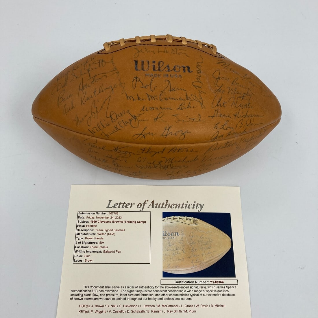 1960 Cleveland Browns Team Signed Wilson Football 50+ Autographs JSA: 1960 Cleveland Browns Team Signed Wilson Football 50+ Autographs JSA This exceptional Wilson football is a remarkable collector's item, signed by over 50 players from the Cleveland Browns, including l