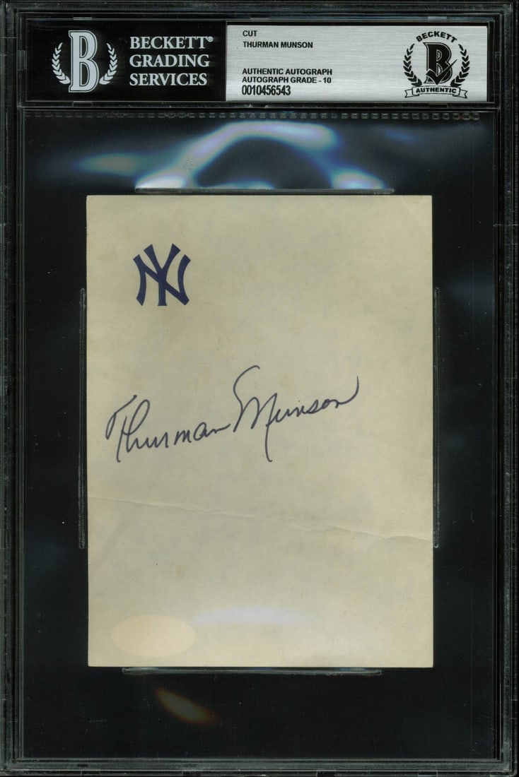 Thurman Munson Signed 4x5.5 Cut Auto Gem Mint 10 BAS Yankees: Thurman Munson Signed 4x5.5 Cut Auto Gem Mint 10 BAS Yankees This is an authentic 4x5.5 cut signature personally signed by Thurman Munson, a legendary player of the New York Yankees. Graded Gem Mint 1
