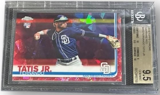 Fernando Tatis Jr. 2019 Topps Chrome Sapphire Red Refractor RC BGS 9.5 5/5: Fernando Tatis Jr. 2019 Topps Chrome Sapphire Red Refractor RC BGS 9.5 5/5 This 2019 Topps Chrome Sapphire Red Refractor rookie card of Fernando Tatis Jr. is a must-have for any baseball card collecto