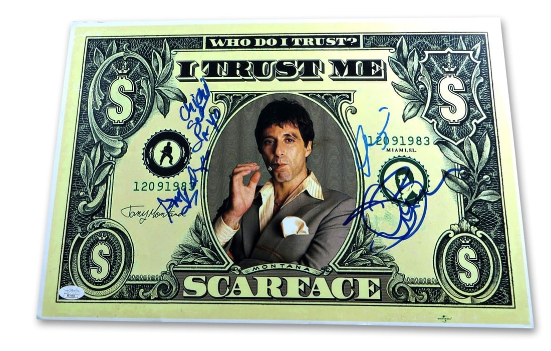 Scarface Triple Signed 12X18 Photo Al Pacino Bauer Salazar JSA Authenticated: Scarface Triple Signed 12X18 Photo Al Pacino Bauer Salazar JSA Authenticated This stunning 12x18 photograph from the iconic film Scarface features the autographs of three legendary actors: Al Pacino, 