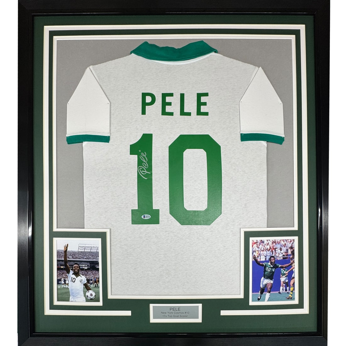 Framed Autographed Pele New York Cosmos Jersey 35x39 BAS COA: Framed Autographed Pele New York Cosmos Jersey 35x39 BAS COA This professionally framed and matted display features an authentic, autographed Pele jersey from his time with the New York Cosmos in the 