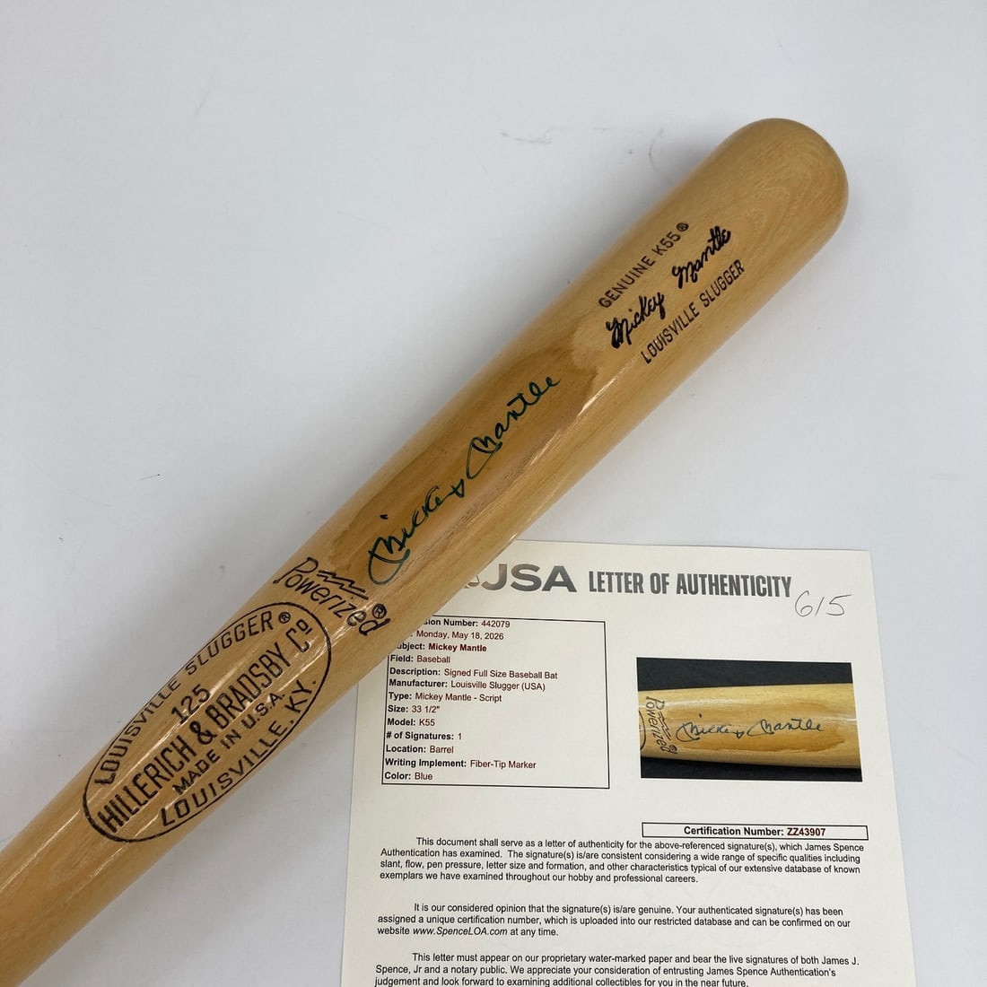 Mickey Mantle Autographed K55 Louisville Slugger Bat with JSA COA: Mickey Mantle Autographed K55 Louisville Slugger Bat with JSA COA A clean Louisville Slugger K55 model baseball bat signed boldly by Mickey Mantle. It is an original signed item from the New York Yank