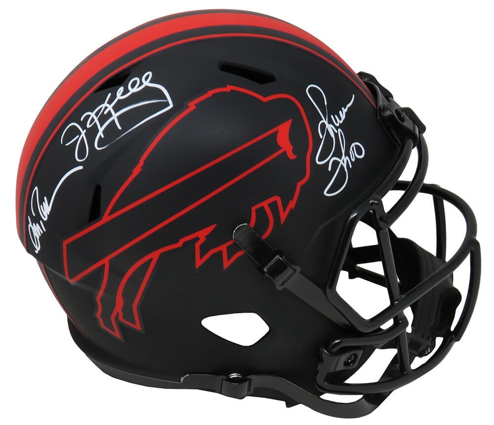 Jim Kelly Thurman Thomas Andre Reed Signed Bills Eclipse Helmet COA: Jim Kelly Thurman Thomas Andre Reed Signed Bills Eclipse Helmet COA This full-size replica helmet features the iconic Eclipse black matte design and is signed by three legendary Buffalo Bills players: