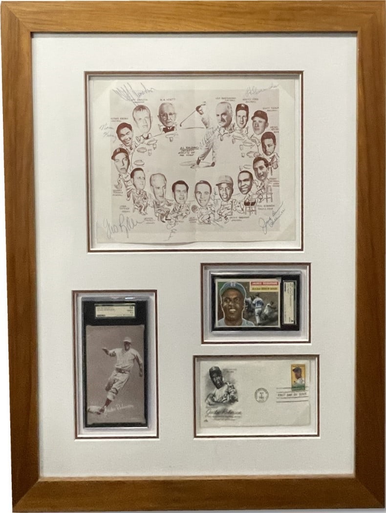 Jackie Robinson Multi Signed Photo with 1956 Topps Card PSA Authenticated: Jackie Robinson Multi Signed Photo with 1956 Topps Card PSA Authenticated Celebrate the legacy of Jackie Robinson with this beautifully framed multi-signed photo. The piece features authentic signatur