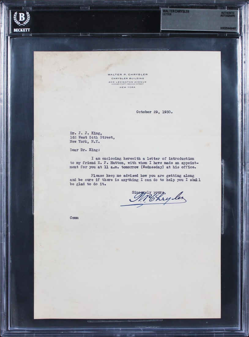 Walter Chrysler signed 1930 typed letter on Chrysler Building letterhead BAS (1 of 2)