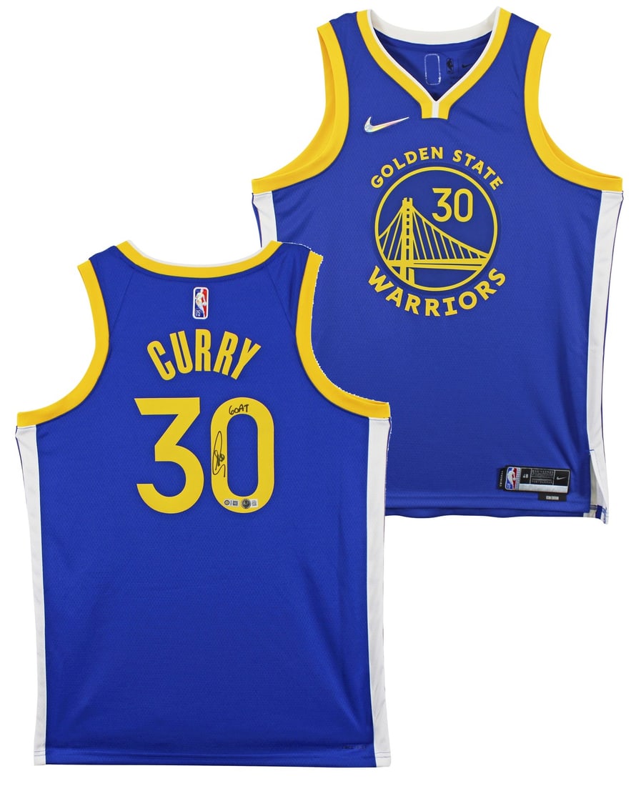 Stephen Curry Signed Blue Nike Swingman Jersey Goat Inscription Beckett Authenticated: Stephen Curry Signed Blue Nike Swingman Jersey Goat Inscription Beckett Authenticated This authentic blue Nike Swingman jersey features the iconic "Goat" inscription and has been personally signed by 
