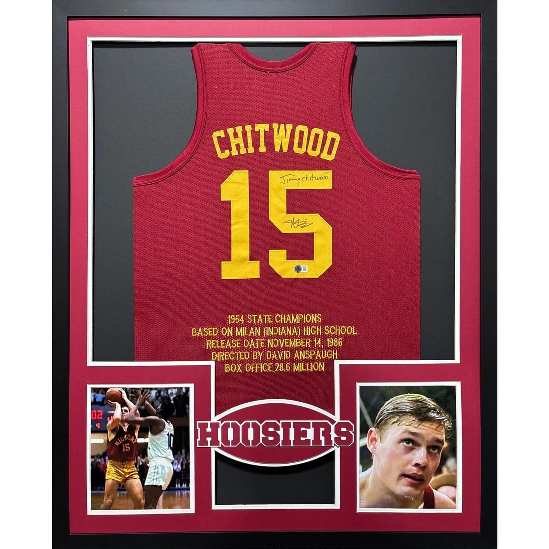 Hoosiers Framed Jersey Signed by Chitwood Beckett Authenticated: Hoosiers Framed Jersey Signed by Chitwood Beckett Authenticated Celebrate the classic film Hoosiers with this autographed framed jersey signed by the main character, Chitwood. This piece is authentica