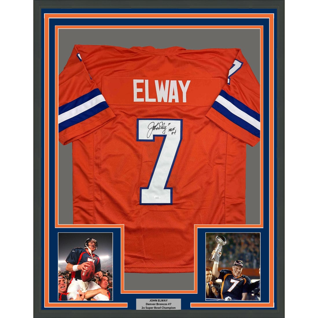 John Elway signed framed Denver Broncos orange retro jersey JSA COA 35x39: John Elway signed framed Denver Broncos orange retro jersey JSA COA 35x39 This professionally framed and matted display features a Denver Broncos orange retro jersey autographed by John Elway. The jer