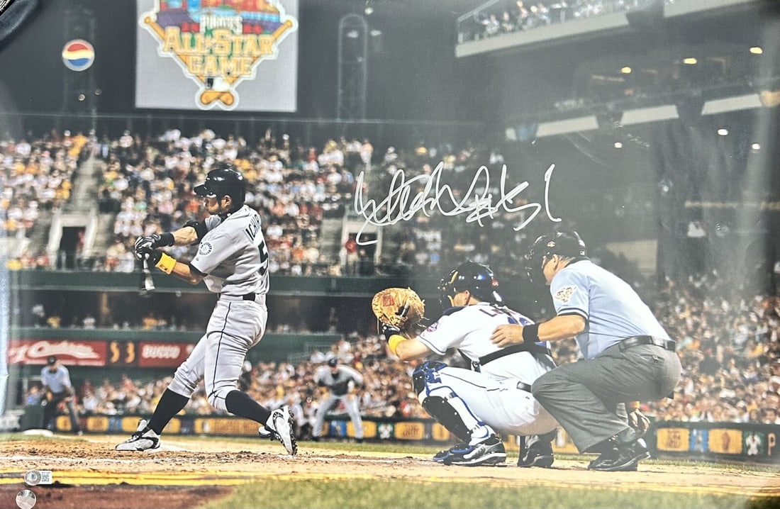 Ichiro Suzuki Signed 30x40 Photo with Beckett Authentication: Ichiro Suzuki Signed 30x40 Photo with Beckett Authentication Celebrate the legacy of Ichiro Suzuki with this stunning 30x40 color photograph, autographed in flawless silver paint pen. The signature, c