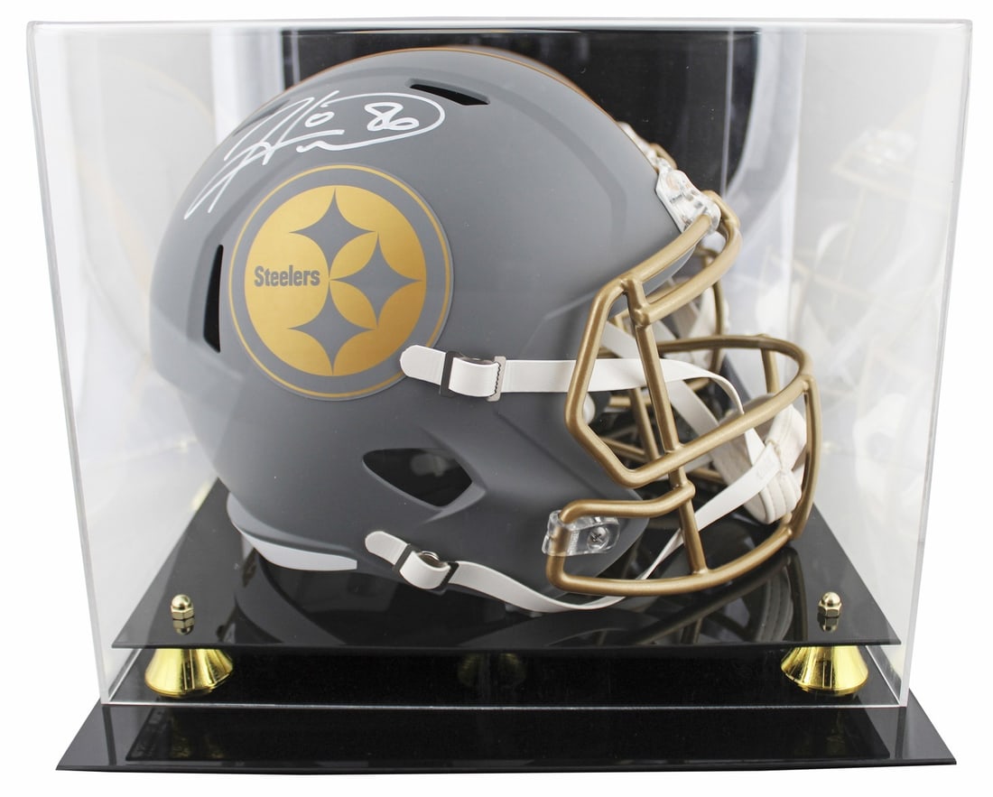 Hines Ward autographed Steelers full size Speed replica helmet with display case BAS: Hines Ward autographed Steelers full size Speed replica helmet with display case BAS Autographed Hines Ward full-size Speed replica helmet in an alternate slate finish, presented with a UV mirrored ba
