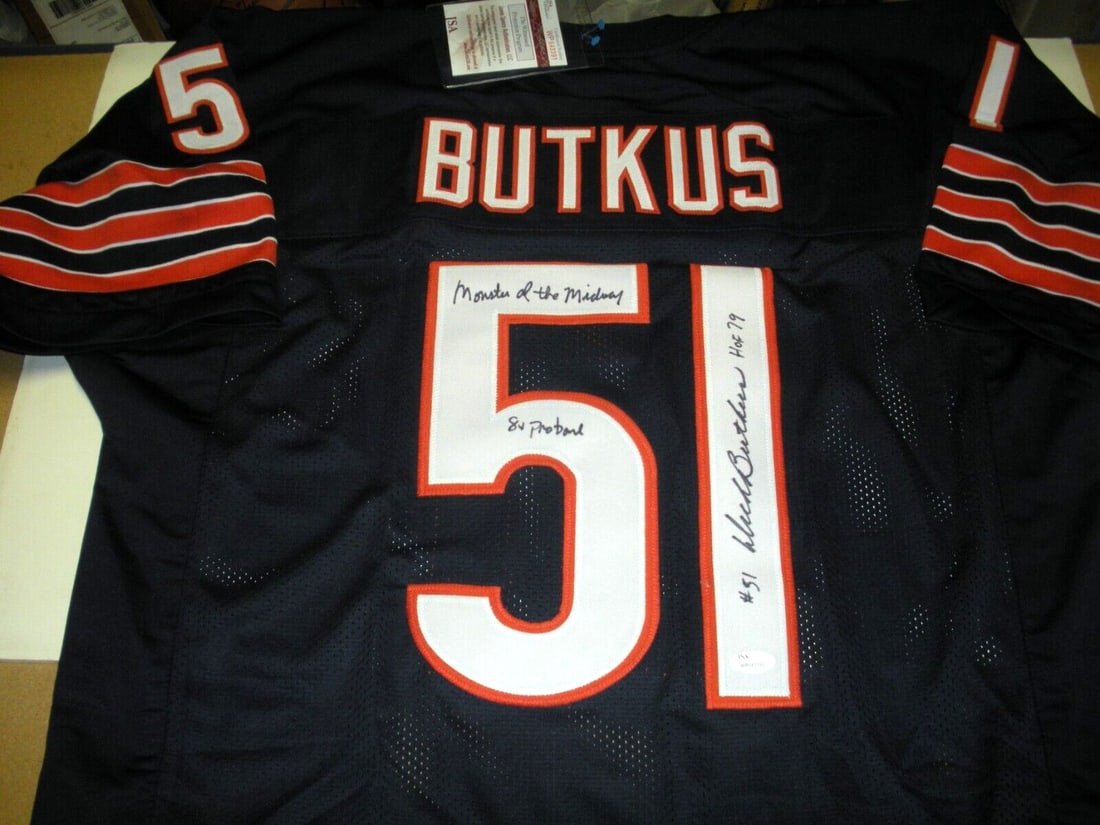 Signed Dick Butkus Chicago Bears Jersey with JSA COA HOF 79 Inscription: Signed Dick Butkus Chicago Bears Jersey with JSA COA HOF 79 Inscription This is a pre-owned Chicago Bears jersey signed by Dick Butkus, a Hall of Famer inducted in 1979 and celebrated as one of the "M