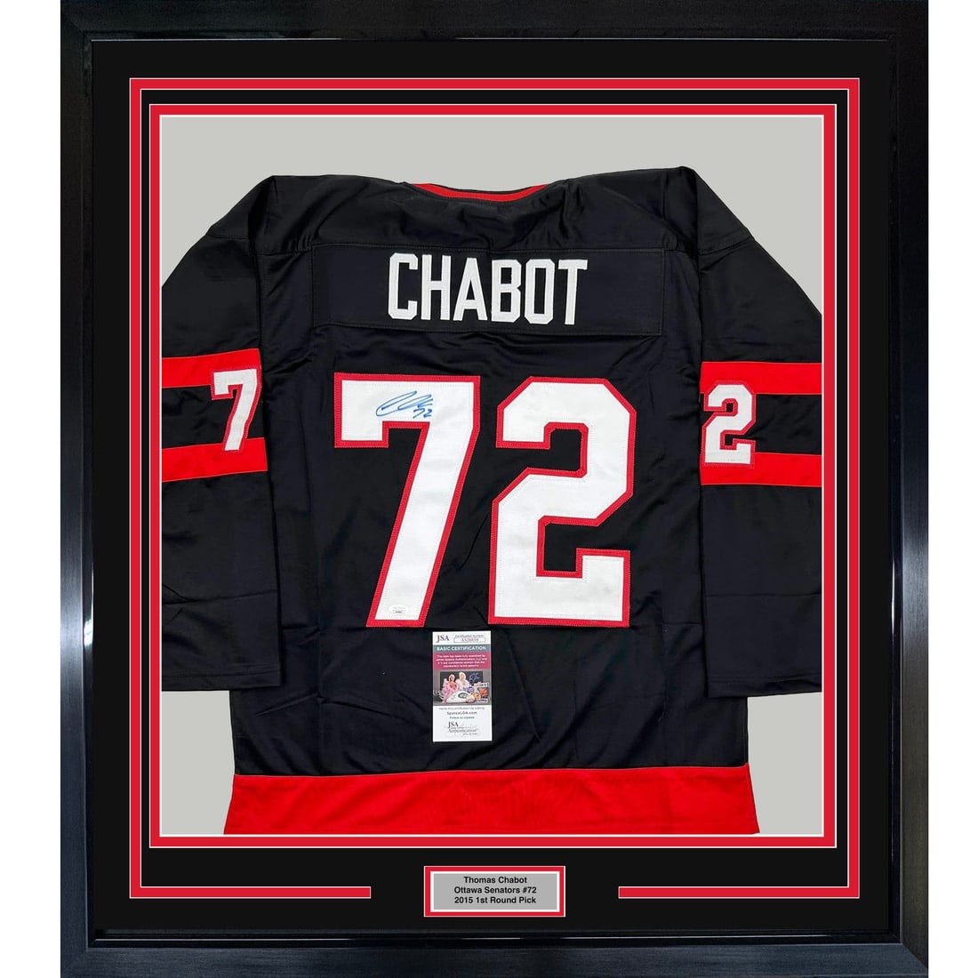 Framed Signed Thomas Chabot Ottawa Senators Jersey with JSA COA: Framed Signed Thomas Chabot Ottawa Senators Jersey with JSA COA This professionally framed and autographed Thomas Chabot Ottawa Senators black jersey is a must-have for any NHL fan. Measuring 35x39 in