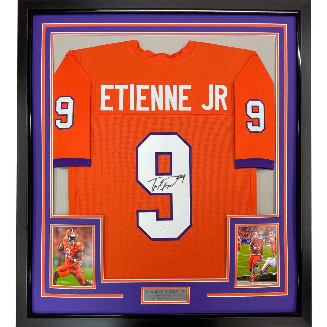 Framed Autographed Travis Etienne Jr Clemson Jersey with JSA COA: Framed Autographed Travis Etienne Jr Clemson Jersey with JSA COA Celebrate your love for college sports with this stunning, professionally framed and autographed Travis Etienne Jr. Clemson Tigers jers