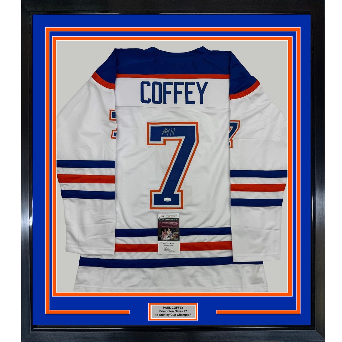 Framed Paul Coffey Autographed Jersey Edmonton Oilers JSA COA 35x39: Framed Paul Coffey Autographed Jersey Edmonton Oilers JSA COA 35x39 This professionally framed and matted hockey jersey features the autograph of NHL legend Paul Coffey, a key player for the Edmonton 