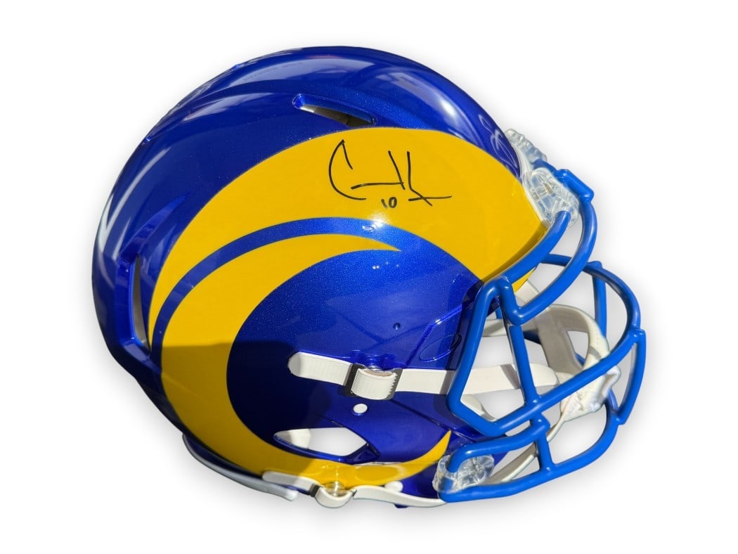 Los Angeles Rams Full Size Helmet Signed by Cooper Kupp Fanatics Authenticated: Los Angeles Rams Full Size Helmet Signed by Cooper Kupp Fanatics Authenticated This is a pre-owned, full-sized Los Angeles Rams helmet autographed by Cooper Kupp. The helmet includes a Fanatics Authen