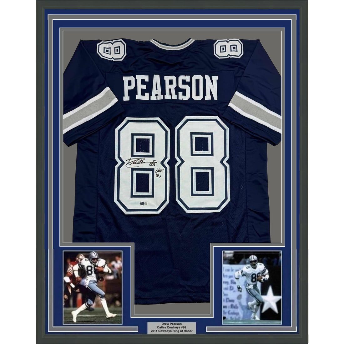 Drew Pearson Signed Dallas Cowboys Navy Jersey Framed BAS COA 35x39 (1 of 2)
