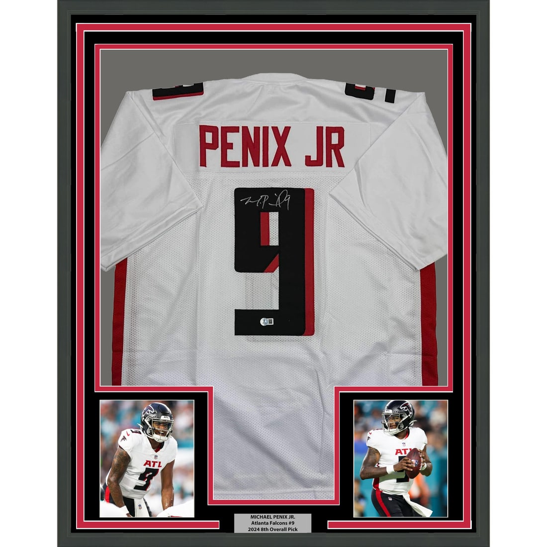 Atlanta Falcons Michael Penix Jr. Signed White Jersey in 35x39 Framed Display BAS COA: Atlanta Falcons Michael Penix Jr. Signed White Jersey in 35x39 Framed Display BAS COA This professionally framed and matted display features a white Atlanta Falcons jersey autographed by Michael Penix