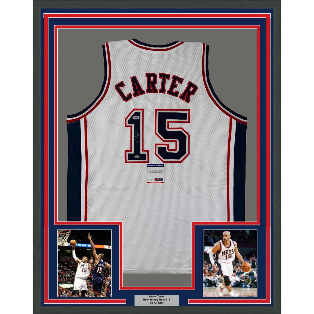 Framed Autographed Vince Carter New Jersey Nets Jersey PSA COA 35x39: Framed Autographed Vince Carter New Jersey Nets Jersey PSA COA 35x39 This professionally framed and matted piece features a signed Vince Carter New Jersey Nets white jersey, measuring 33x42 inches. Th