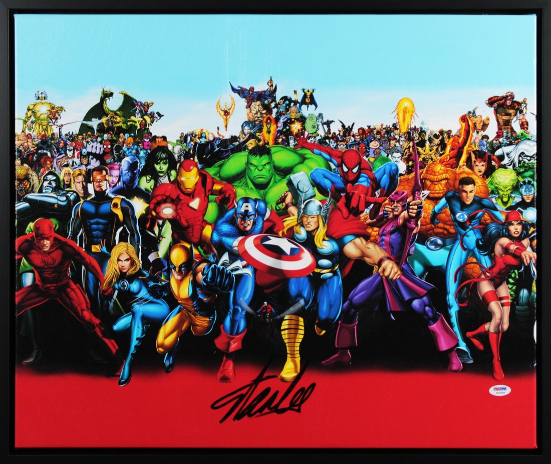 Framed Marvel Cast Canvas Signed by Stan Lee with PSA Authentication 20x24 (1 of 3)