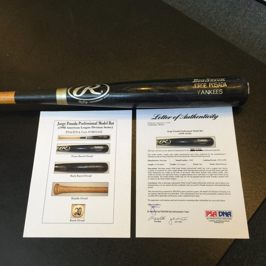 Jorge Posada 1998 ALDS Game Used Rawlings Bat PSA DNA COA: Jorge Posada 1998 ALDS Game Used Rawlings Bat PSA DNA COA This is a rare Rawlings baseball bat used by Jorge Posada during the 1998 American League Division Series (ALDS) playoffs. The bat comes with 