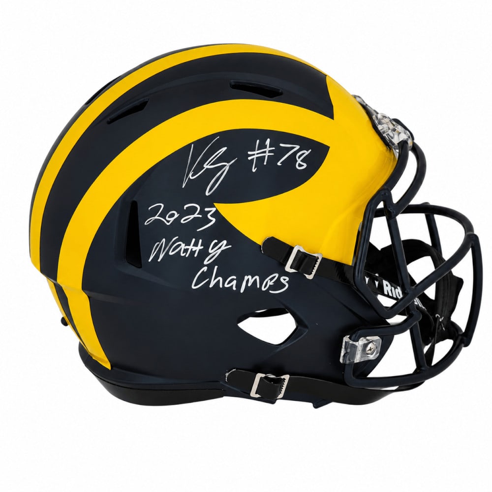 Michigan Wolverines Riddell full size replica helmet signed by Kenneth Grant: Michigan Wolverines Riddell full size replica helmet signed by Kenneth Grant Pre-owned Riddell full size speed replica helmet signed by Kenneth Grant and inscribed "2023 Natty Champs." This Michigan W