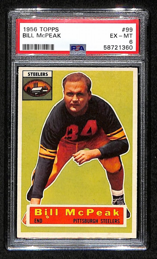 1956 Topps Football Card #99 Bill McPeak PSA 207570: 1956 Topps Football Card #99 Bill McPeak PSA 207570 This is an original 1956 Topps football card featuring Bill McPeak of the Pittsburgh Steelers. The card is a collectible item from the United States