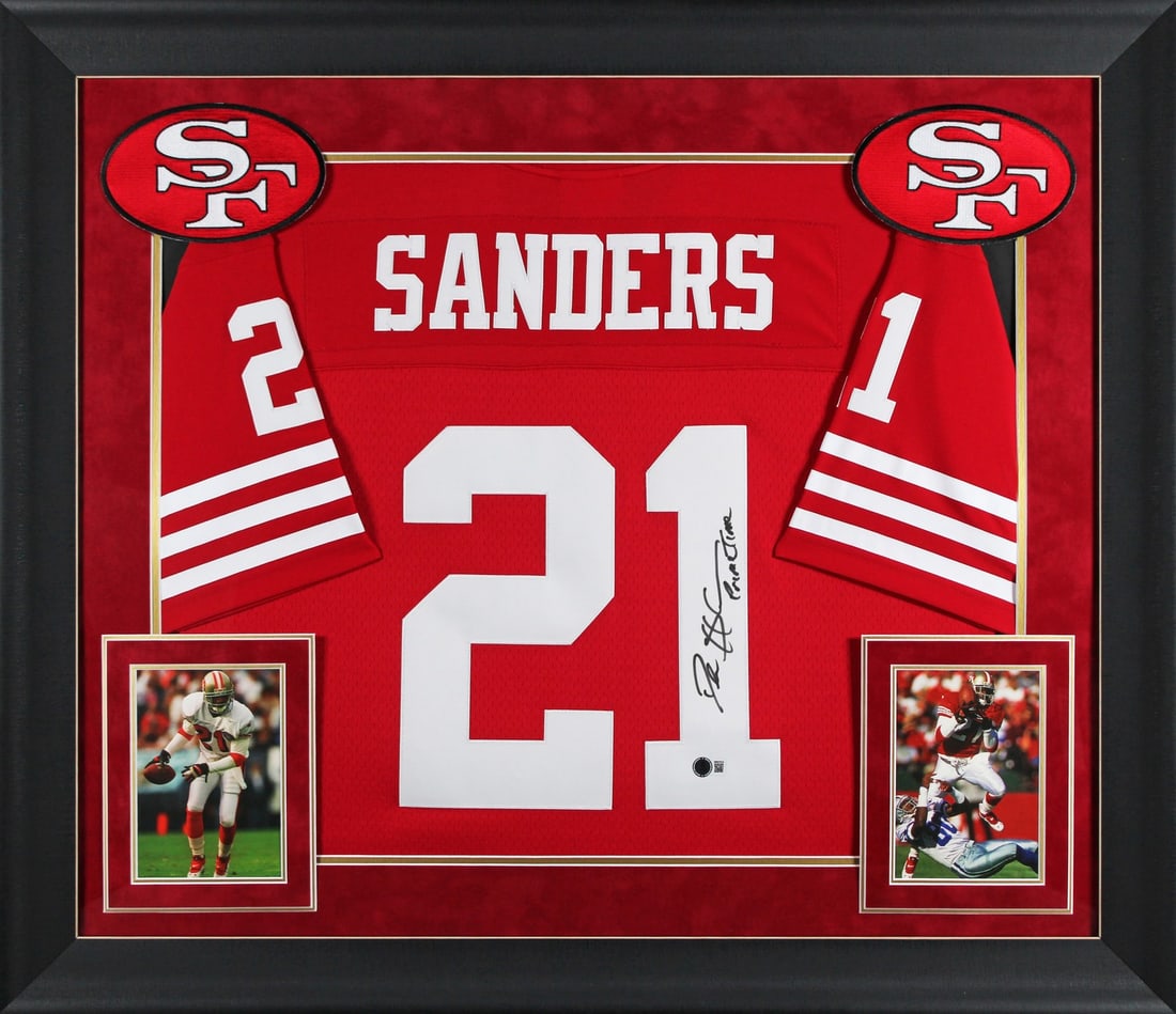 Deion Sanders Signed 49ers Red Jersey Framed BAS Authenticated Primetime: Deion Sanders Signed 49ers Red Jersey Framed BAS Authenticated Primetime Celebrate the legacy of Deion Sanders with this stunning autographed San Francisco 49ers red Mitchell & Ness throwback jersey, 