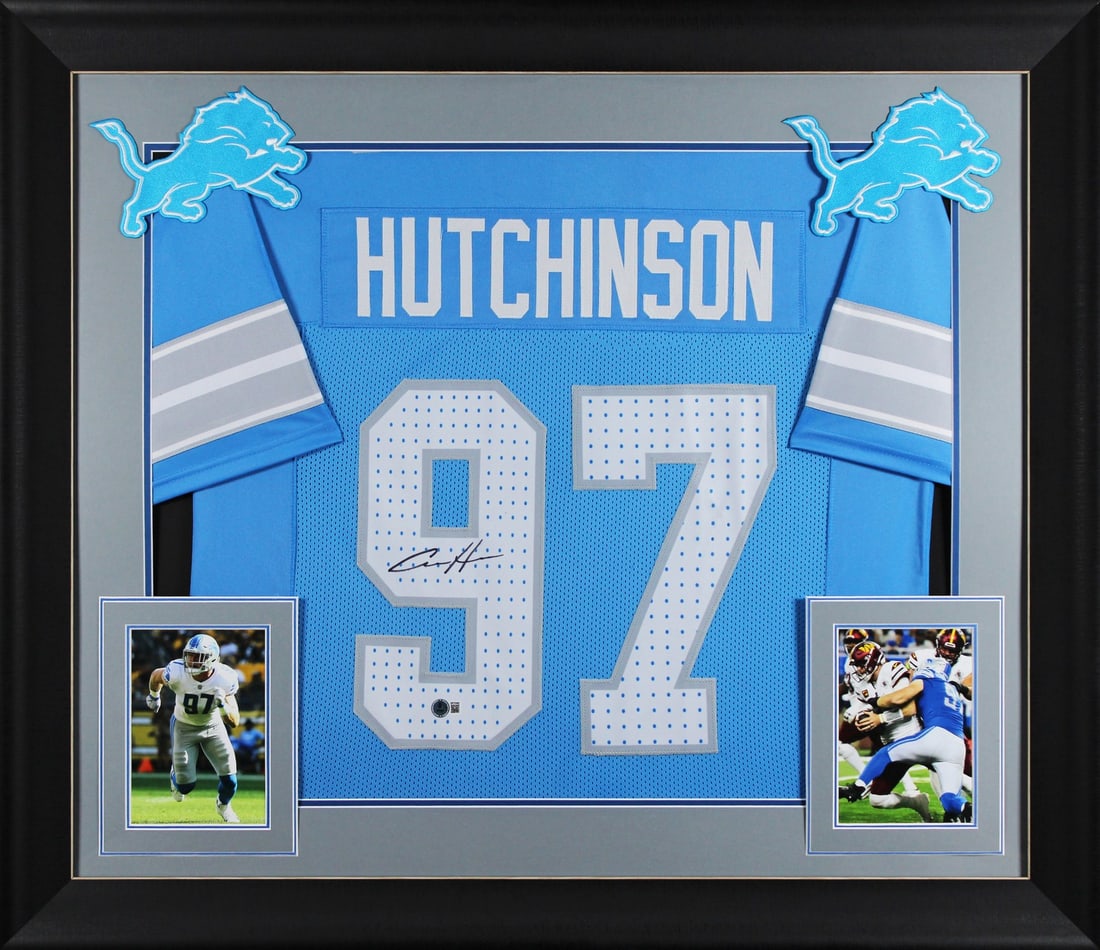 Framed Detroit Lions Jersey Signed by Aidan Hutchinson Beckett Witnessed: Framed Detroit Lions Jersey Signed by Aidan Hutchinson Beckett Witnessed This professionally framed blue Pro Style jersey has been personally signed by Aidan Hutchinson of the Detroit Lions. The autog