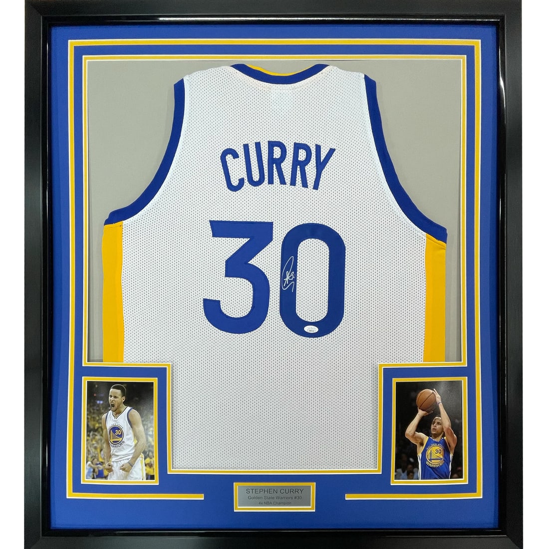 Framed Autographed Stephen Curry White Jersey with JSA COA: Framed Autographed Stephen Curry White Jersey with JSA COA Celebrate the greatness of NBA superstar Stephen Curry with this professionally framed and autographed 33x42 white jersey. This original piec