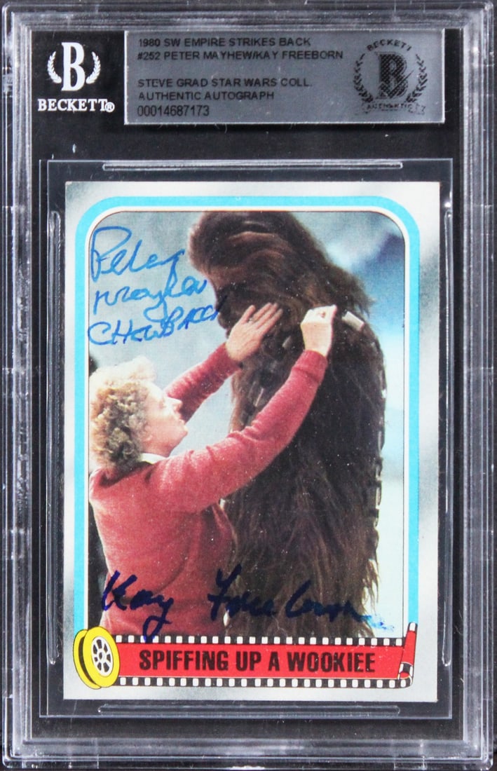 1980 Star Wars ESB #252 autographed card BAS slab Chewbacca: 1980 Star Wars ESB #252 autographed card BAS slab Chewbacca This original 1980 Star Wars: The Empire Strikes Back card, numbered #252, features the autographs of Peter Mayhew and Kay Freeborn, with an