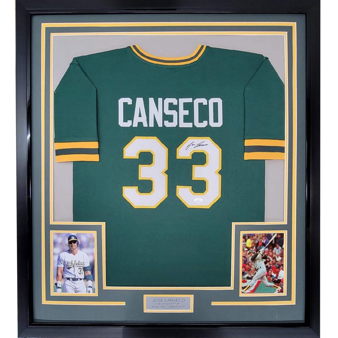 Framed Jose Canseco Oakland Athletics signed jersey JSA COA 33x42: Framed Jose Canseco Oakland Athletics signed jersey JSA COA 33x42 This professionally framed and matted Oakland Athletics green jersey features the autograph of Jose Canseco. The display includes two 