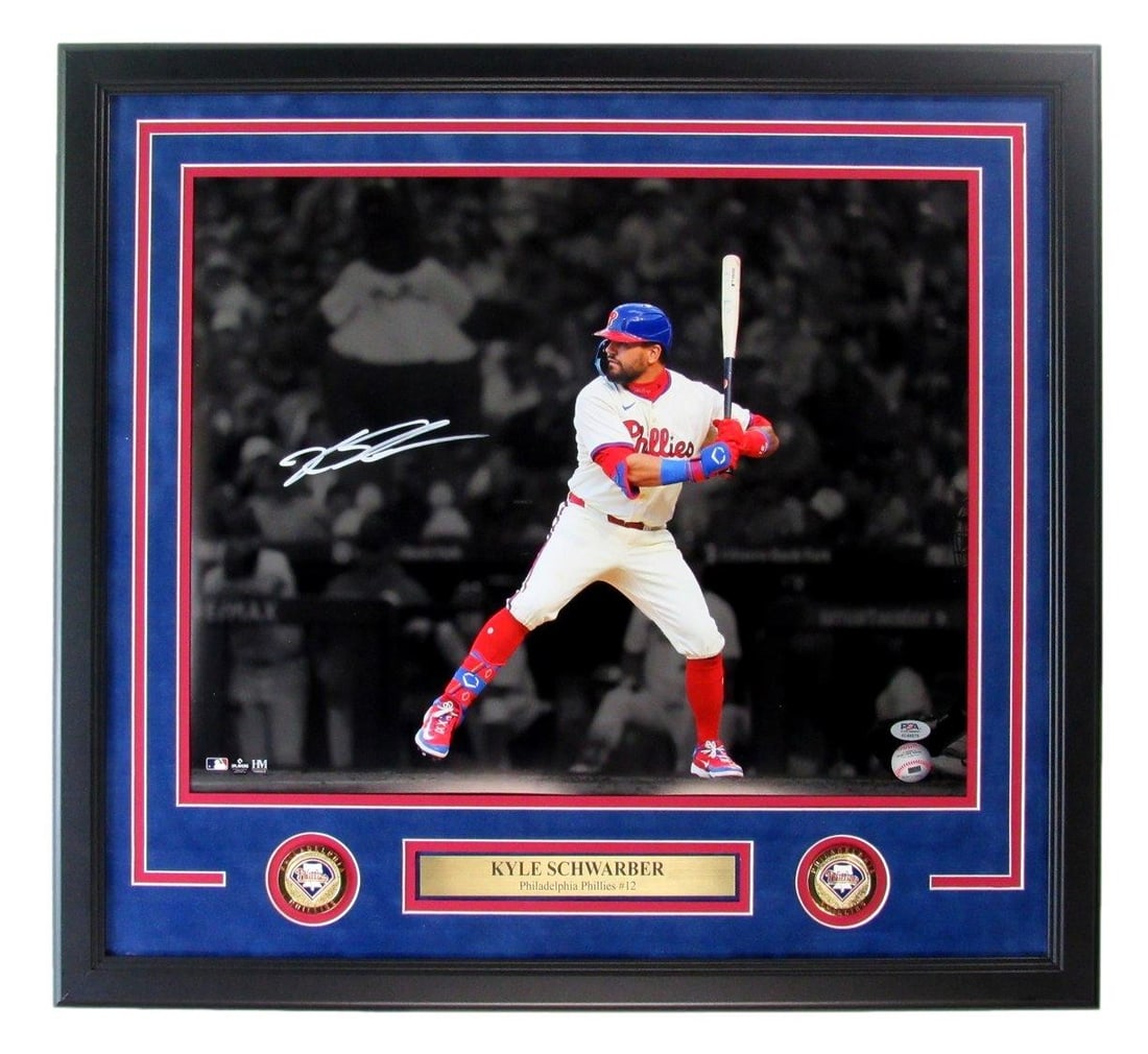 Framed 16x20 signed Kyle Schwarber Phillies photo PSA DNA: Framed 16x20 signed Kyle Schwarber Phillies photo PSA DNA Framed original 16x20 photo autographed by Kyle Schwarber and featuring the Philadelphia Phillies. This pre-owned piece is authenticated by PS
