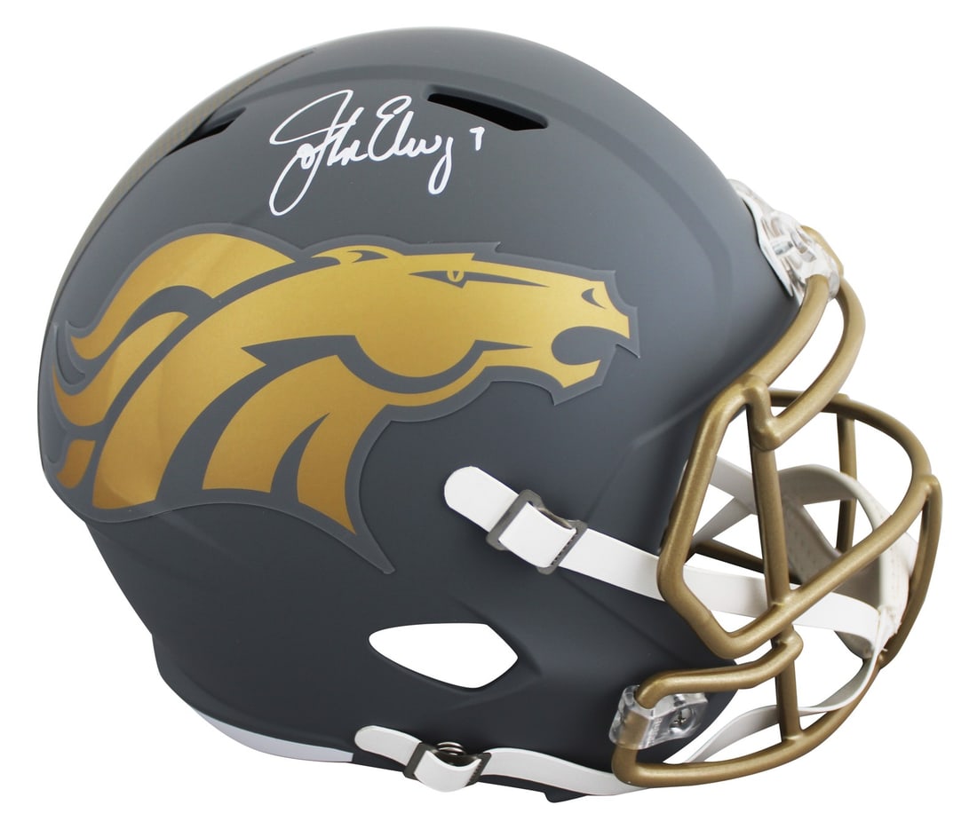 John Elway Autographed Denver Broncos Slate Speed Replica Helmet Beckett Witnessed: John Elway Autographed Denver Broncos Slate Speed Replica Helmet Beckett Witnessed This Denver Broncos alternate slate Riddell full size Speed Rep helmet has been personally signed by John Elway. The 