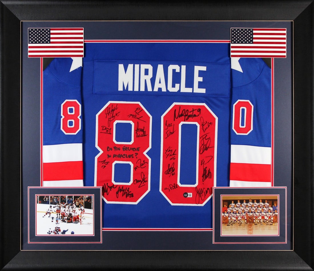 Framed 1980 USA Hockey Blue Jersey Signed by 19 Players Beckett Authenticated (1 of 2)