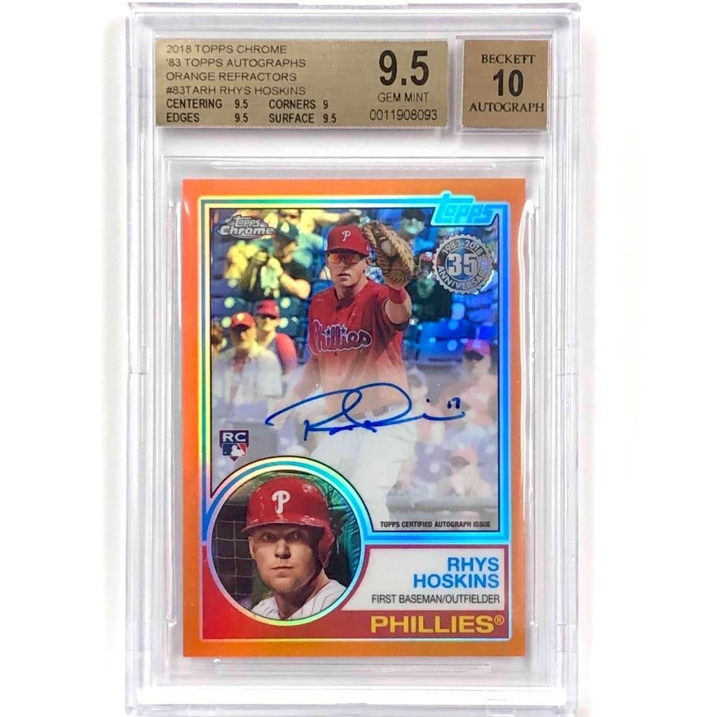 Rhys Hoskins Orange Refractor Rookie Auto 2018 Topps Chrome BGS 9.5 Auto 10 /25: Rhys Hoskins Orange Refractor Rookie Auto 2018 Topps Chrome BGS 9.5 Auto 10 /25 This is a 2018 Topps Chrome Rhys Hoskins rookie baseball card featuring the Orange Refractor parallel, serial numbered t