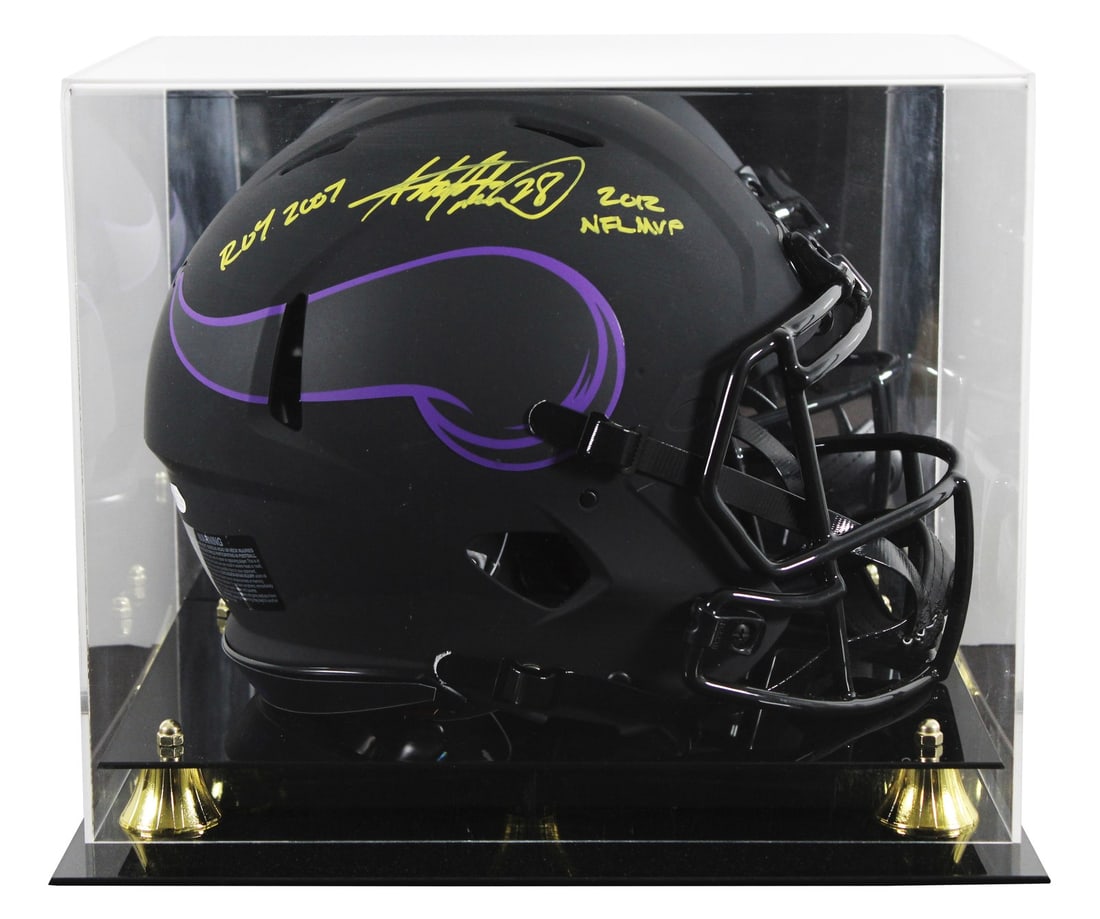 Adrian Peterson autographed Vikings Riddell full size helmet with Beckett case: Adrian Peterson autographed Vikings Riddell full size helmet with Beckett case This autographed Alternate Eclipse Riddell full size Speed Proline helmet features an inscription reading "07 ROY, 2012 N
