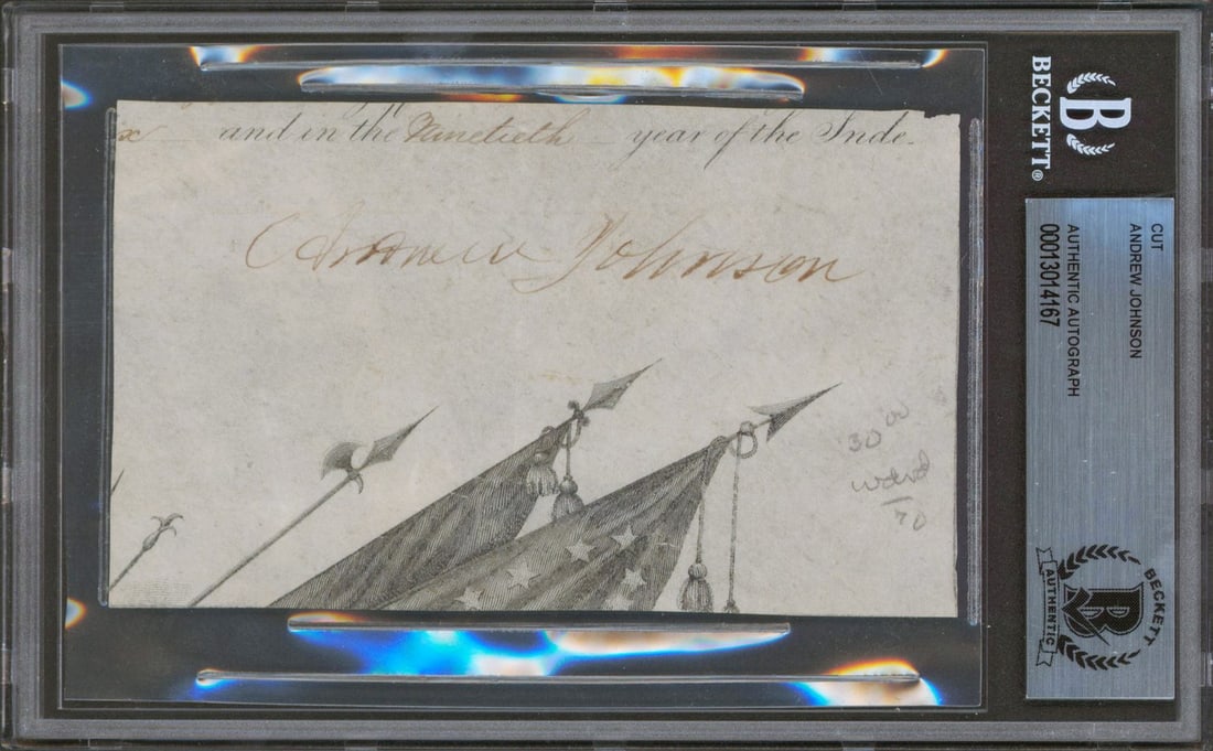 Beckett slabbed Andrew Johnson signed 3x5 cut autograph: Beckett slabbed Andrew Johnson signed 3x5 cut autograph This 3x5 cut signature has been personally signed by Andrew Johnson, the 17th President of the United States. The autograph is authenticated and