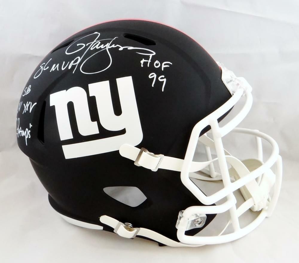 Full Size Flat Black Helmet signed by Lawrence Taylor with 3 inscriptions: Full Size Flat Black Helmet signed by Lawrence Taylor with 3 inscriptions This is an original full-size flat black helmet signed by Lawrence Taylor, featuring the New York Giants. It is pre-owned and 
