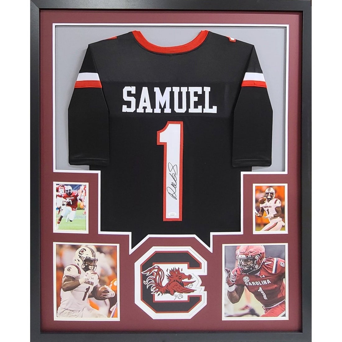 Framed Deebo Samuel Signed South Carolina Jersey JSA Authenticated with UV Cover: Framed Deebo Samuel Signed South Carolina Jersey JSA Authenticated with UV Cover This framed jersey features the authentic signature of Deebo Samuel and is professionally authenticated by JSA. The dis