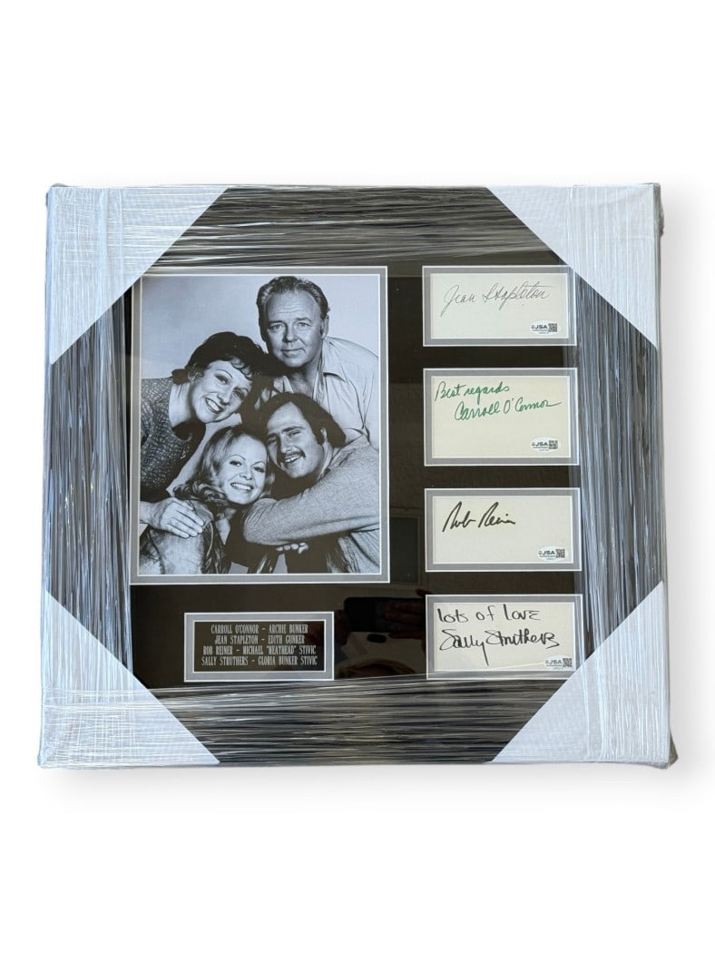 Framed All In The Family autograph cuts JSA 18x19 cast display: Framed All In The Family autograph cuts JSA 18x19 cast display This framed display features original autographed cut signatures from key cast members of "All In The Family," including Carroll O'Connor