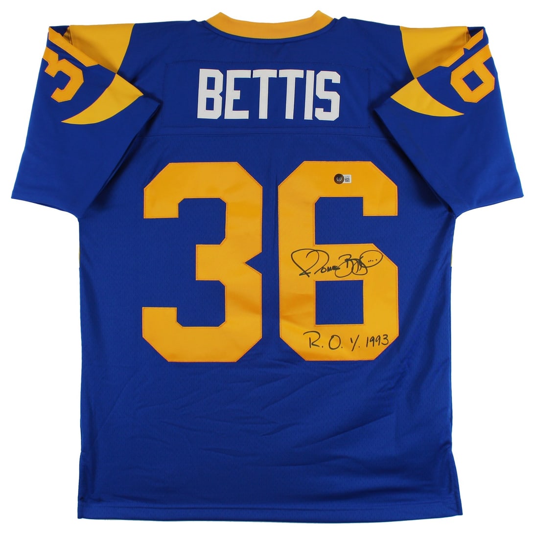 Jerome Bettis Signed Blue Jersey ROY 93 Los Angeles Rams BAS Witnessed: Jerome Bettis Signed Blue Jersey ROY 93 Los Angeles Rams BAS Witnessed Celebrate the legacy of Jerome Bettis with this authentic Los Angeles Rams jersey. This striking blue Mitchell & Ness jersey feat