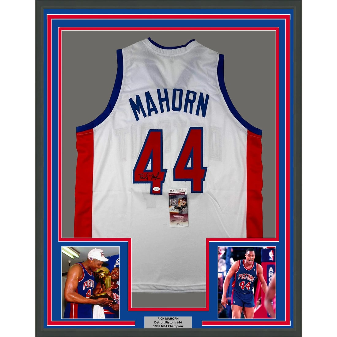 Framed Rick Mahorn Autographed Detroit Pistons Jersey with JSA COA: Framed Rick Mahorn Autographed Detroit Pistons Jersey with JSA COA Celebrate your love for basketball with this framed autographed Rick Mahorn Detroit Pistons jersey. This original piece showcases the