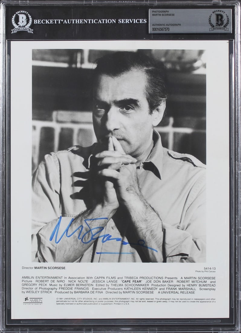 Martin Scorsese Signed 8x10 Cape Fear Photo Beckett Authenticated Slabbed: Martin Scorsese Signed 8x10 Cape Fear Photo Beckett Authenticated Slabbed This 8x10 photograph features an authentic signature from Martin Scorsese, renowned director of "Cape Fear." The photo has bee
