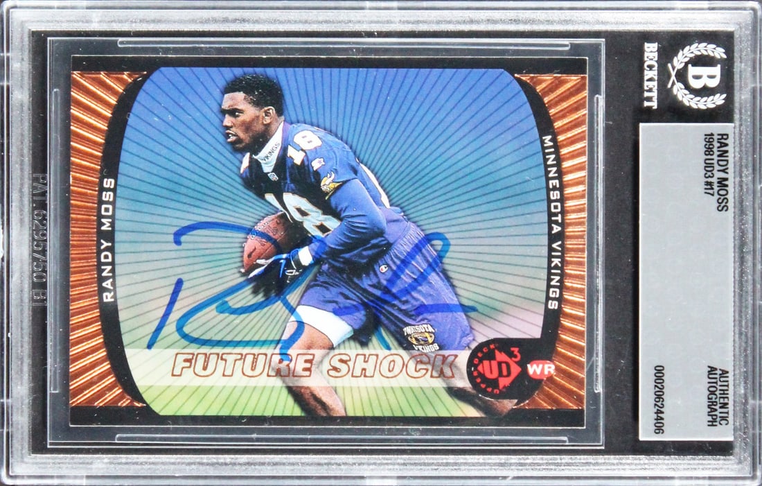 Randy Moss Signed 1998 UD3 17 Rookie Card Beckett Authenticated Vikings: Randy Moss Signed 1998 UD3 17 Rookie Card Beckett Authenticated Vikings Original 1998 UD3 #17 rookie card autographed by Randy Moss of the Minnesota Vikings. The card is slabbed and authenticated by B
