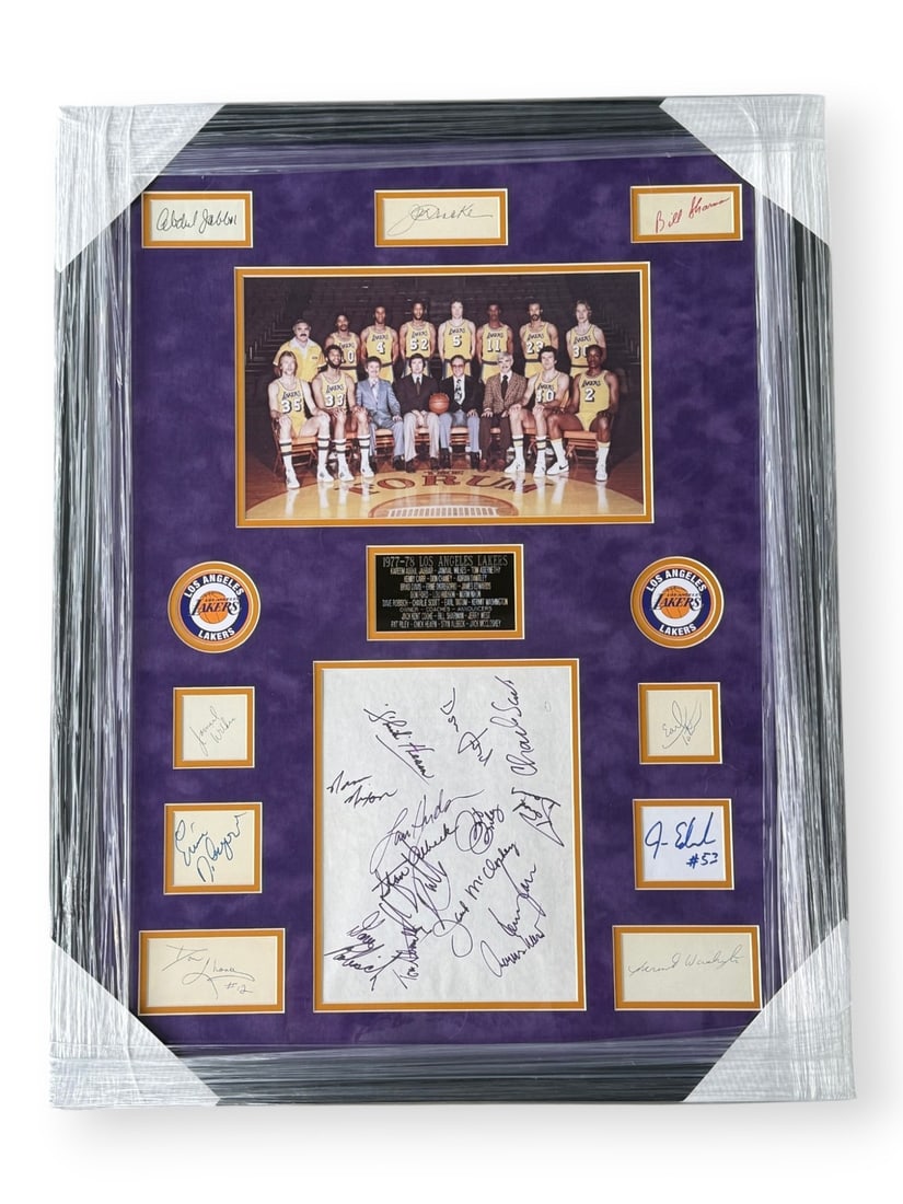 Framed 1977 78 Lakers autographed cuts Beckett authenticated: Framed 1977 78 Lakers autographed cuts Beckett authenticated This framed display features original cut signatures from Kareem Abdul-Jabbar, Jerry West, Pat Riley, and numerous other members and affili