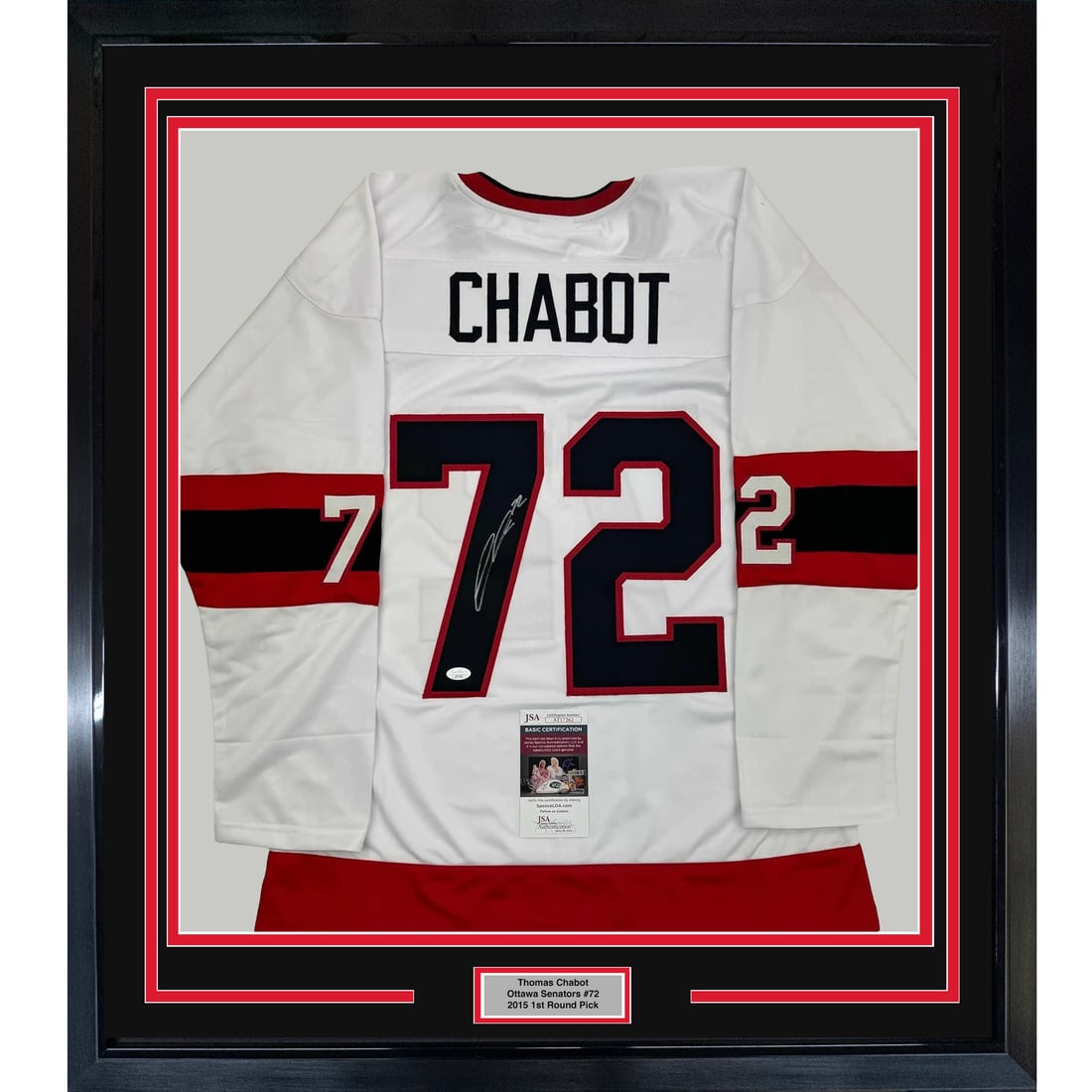 Framed Autographed Thomas Chabot Ottawa Senators Jersey JSA COA 35x39: Framed Autographed Thomas Chabot Ottawa Senators Jersey JSA COA 35x39 This professionally framed and matted autographed Thomas Chabot Ottawa Senators white hockey jersey is a must-have for any fan. Me