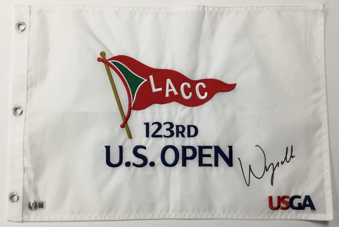 Wyndam Clark Signed LACC 123RD U.S. Open USGA Flag Beckett Authenticated: Wyndam Clark Signed LACC 123RD U.S. Open USGA Flag Beckett Authenticated Own a piece of golf history with this official LACC 123RD U.S. Open USGA pin flag, signed by PGA star Wyndam Clark. The autogra