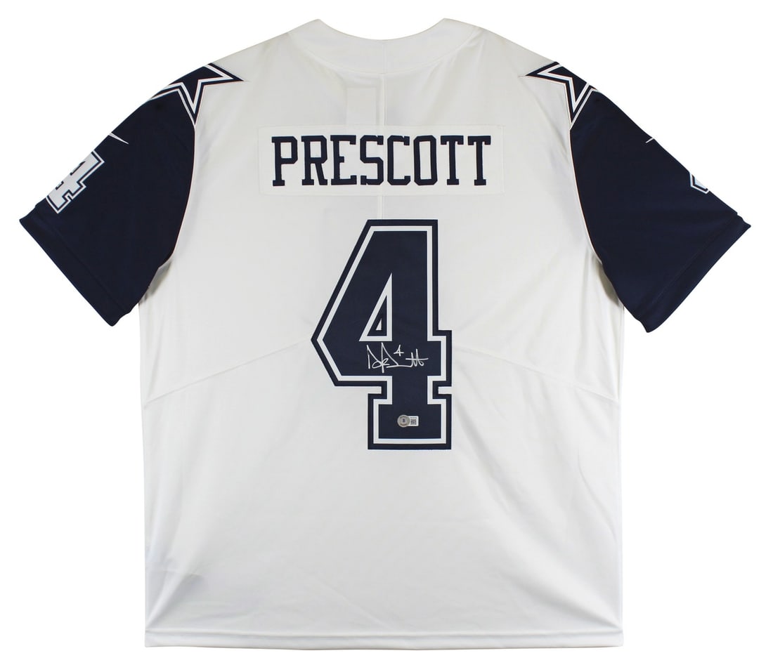 Dak Prescott Autographed White Color Rush Jersey BAS Witnessed Dallas Cowboys: Dak Prescott Autographed White Color Rush Jersey BAS Witnessed Dallas Cowboys This Dallas Cowboys Dak Prescott autographed white Color Rush Nike Elite jersey is a must-have for any fan. Personally sig