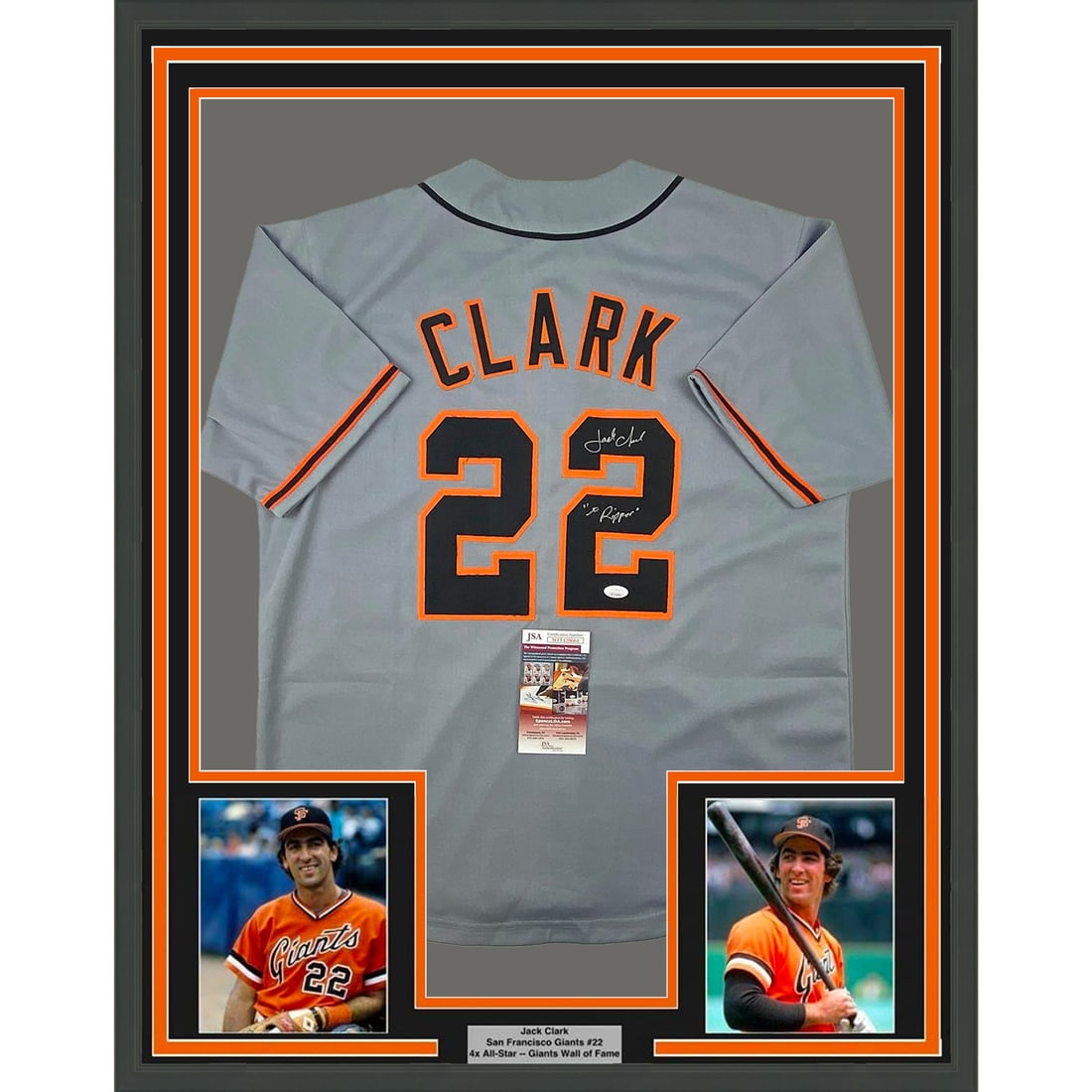 Jack Clark Autographed Framed Jersey 33x42 San Francisco Giants JSA COA: Jack Clark Autographed Framed Jersey 33x42 San Francisco Giants JSA COA Celebrate the legacy of Jack Clark with this stunning framed jersey display. This authentic San Francisco Giants jersey is autog
